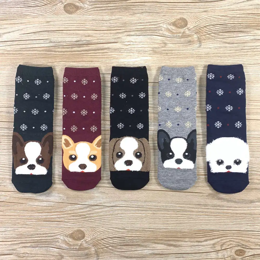 5 pairs of socks Женские носки; модные носки из чесаного хлопка с рисунком; забавные носки с изображением котенка и щенка - Цвет: 5 pairs of socks