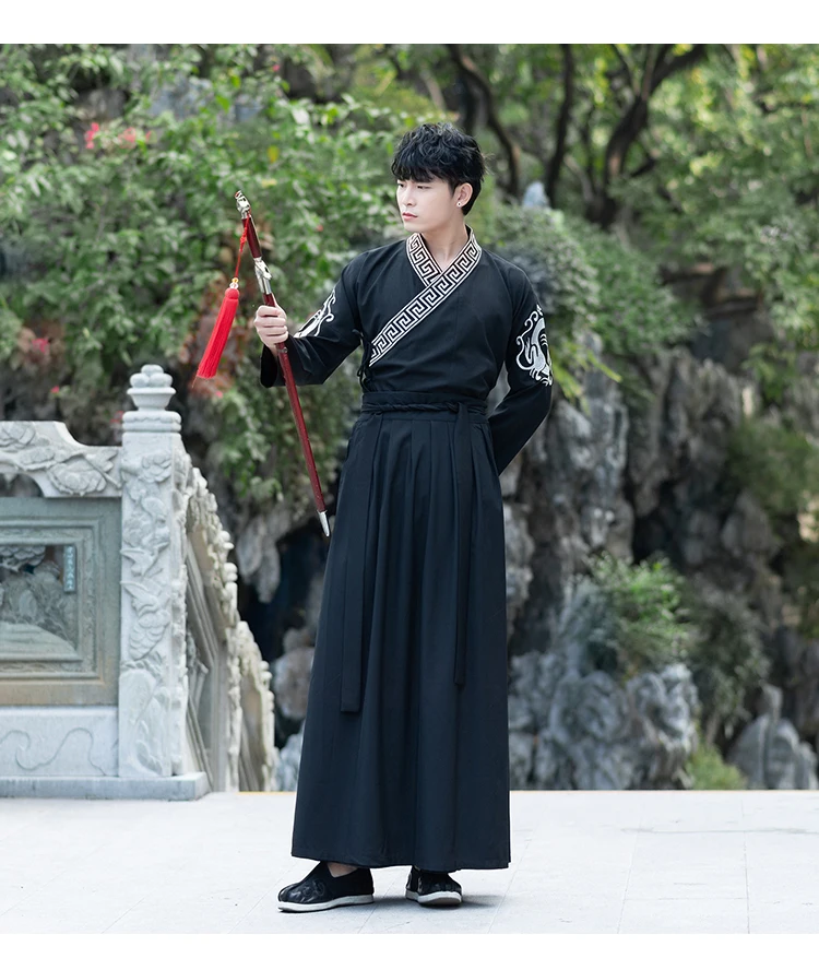 Hanfu мужской черный китайский костюм традиционный Древний Династия Цин мужской сценический наряд Национальный фольклор шоу одежда DNV11617