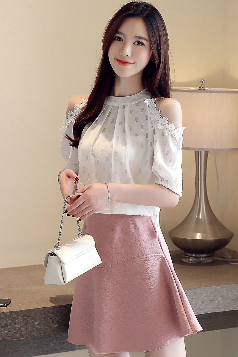 2019 Summer Sexy Suit-dress Loose Chiffon Mesh Hollow Out Shirt Casual Short Sleeve White Lace Skirt Tops |