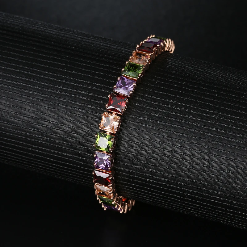 MOONROCY Free Shipping Rose Gold Color Square Colourful Crystal Cubic Zirconia Bracelet Jewelry Bangle for Girl Women Gift | Украшения и