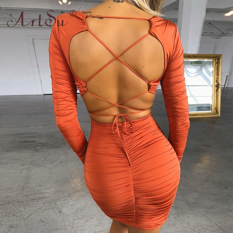 ArtSu Сексуальные клубные платья открытая спина на шнуровке облегающее мини