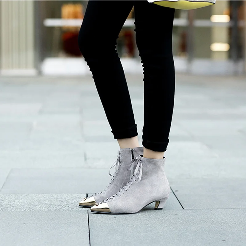 

FUN VILLE 2018 New Fashion Women Ankle boots Natural Kid Suede Autumn Winter Boots Woman Sexy Ladies shoes Pointed Toe Big size
