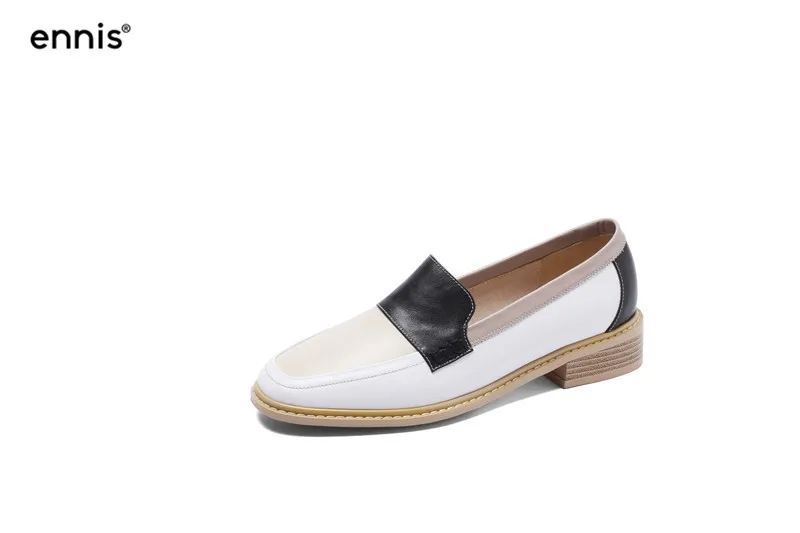 Black ENNIS Genuine Leather Boat Shoes Women Outdoor Casual Shoes Mixed Color Shoes Black Brown Flat Loafers Autumn Spring C9108 - Цвет: Black