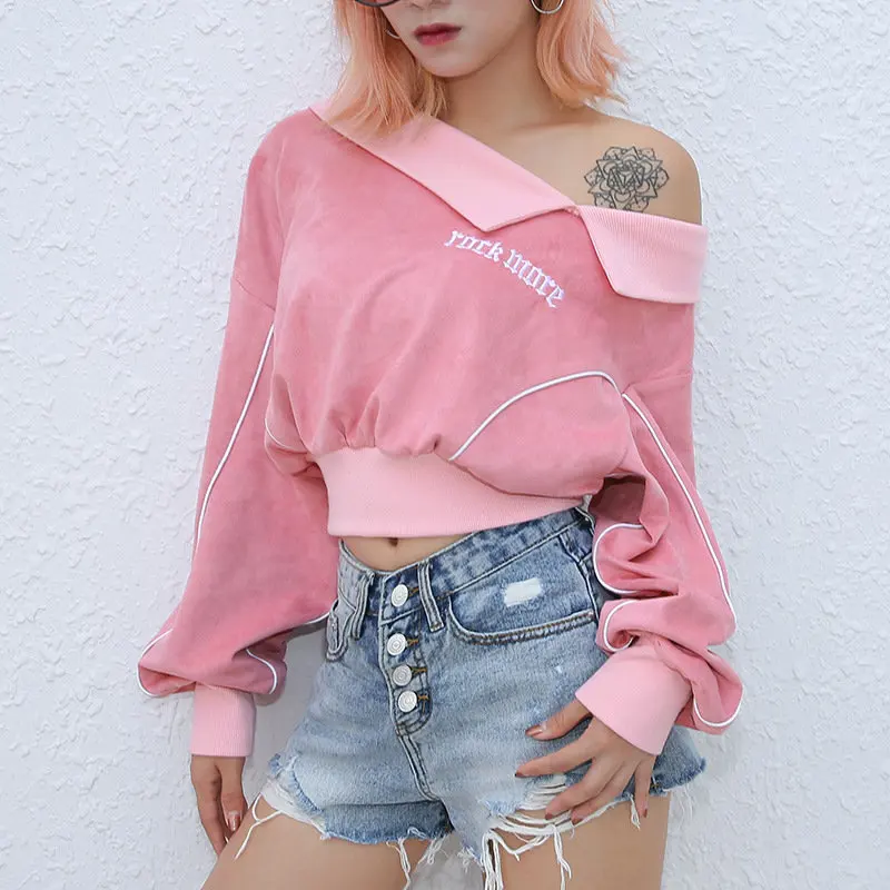 Woherb Harajuku Kawaii укороченный Топ Толстовка для женщин осень 2019 г. Уличная рок письмо