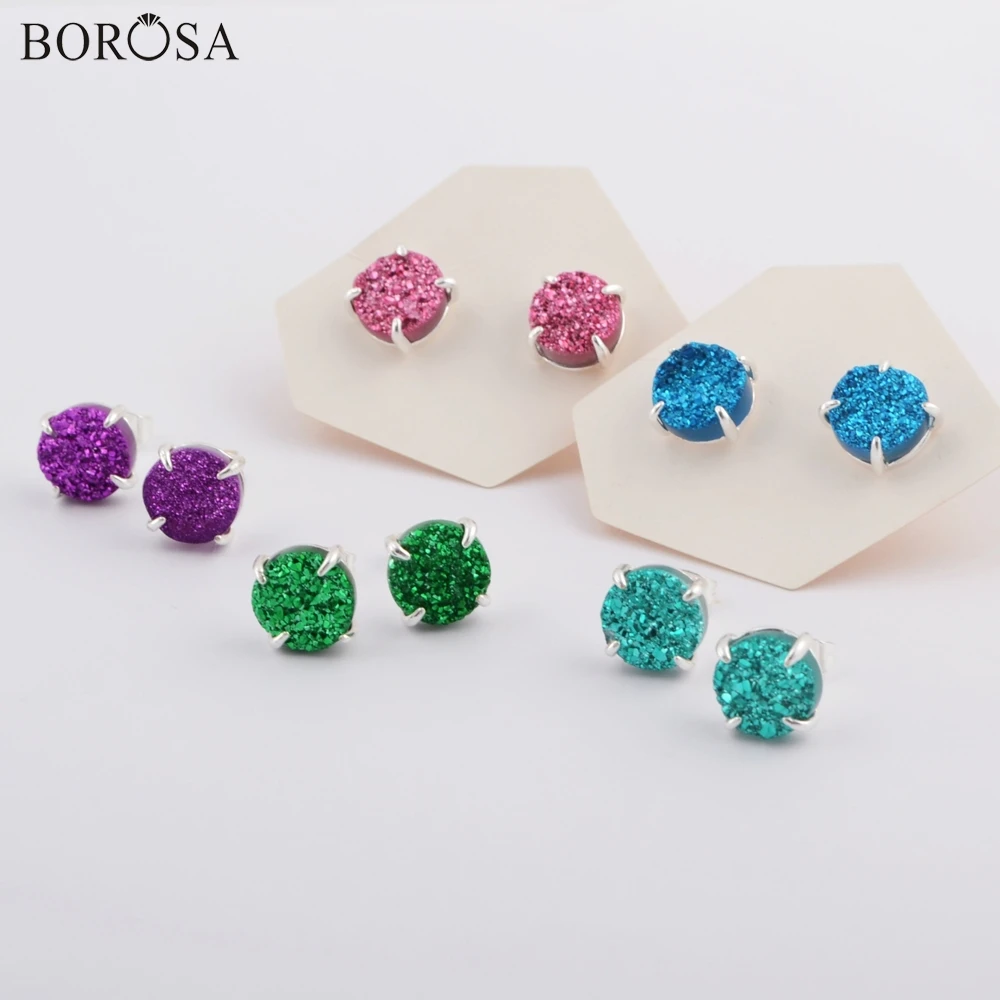 Посеребренные Круглые серьги гвоздики BOROSA 10 мм с натуральным агатом и друзой