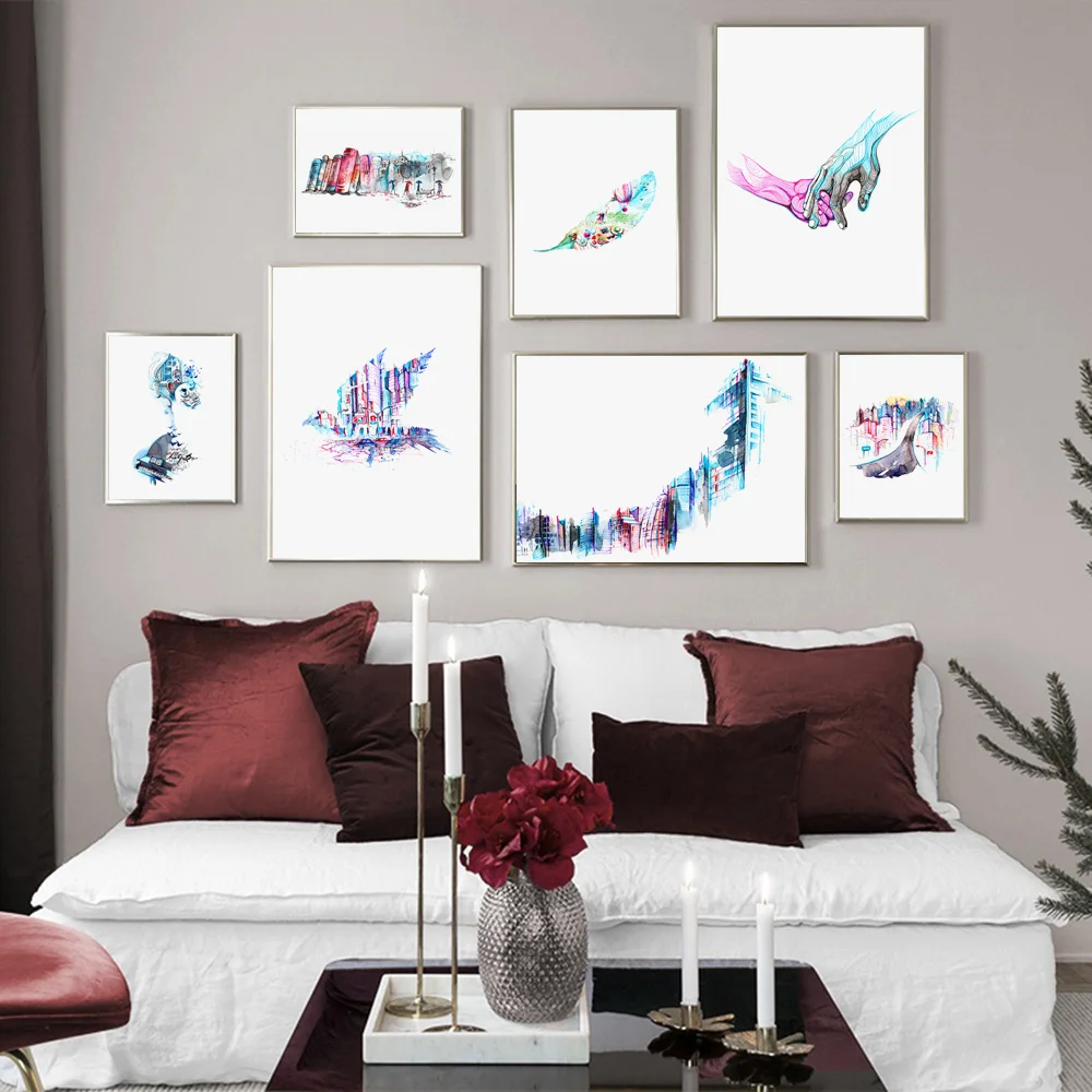 Abstract City Building Hand Book Feather Nordic Posters and Prints Wall Art Canvas Painting Pictures For Living Room Decor | Дом и сад