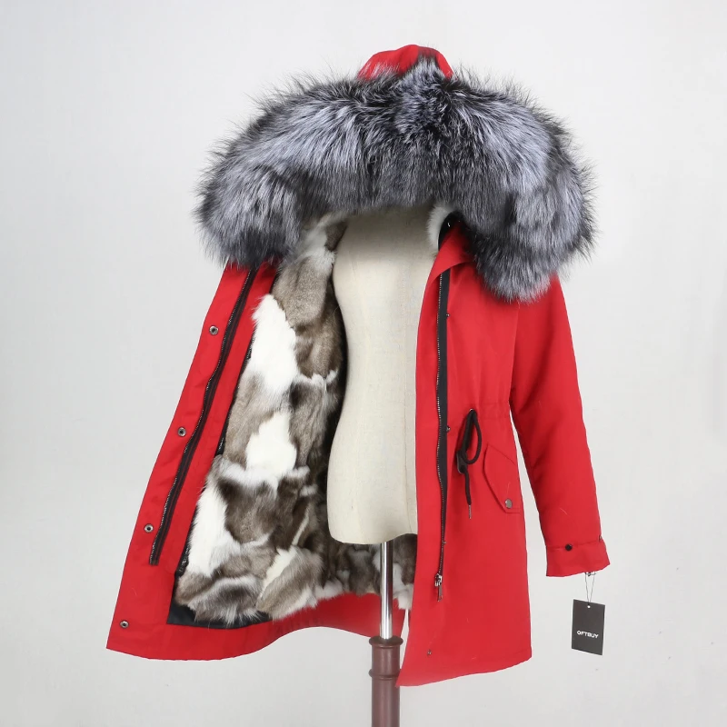 red silver Женское пальто со съемным мехом OFTBUY, бежевая непромокаемая длинная парка с натуральным лисьим мехом, верхняя одежда, зима - Цвет: red silver