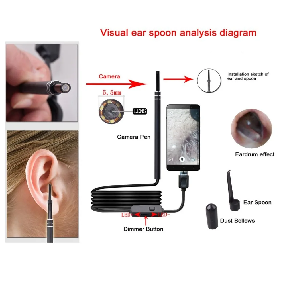 2 в 1 USB эндоскоп для чистки ушей HD визуальная Ушная ложка многофункциональная Ушная палочка с мини-камерой инструмент для чистки ушей для Android