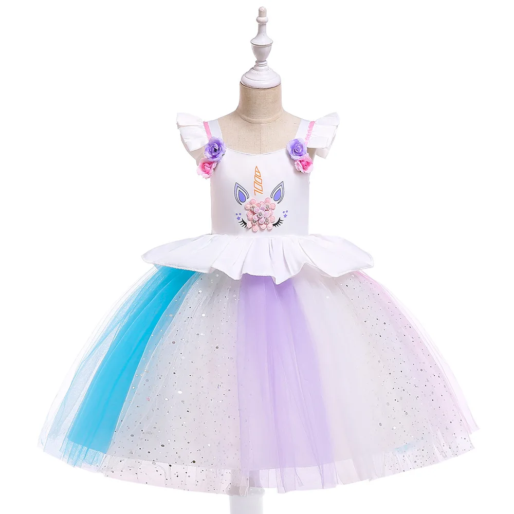 

2019 Explosion Models Unicorn Cartoon Dress Flying Sleeves Rainbow Tutu Pettiskirt Girls Halloween Six One Costume