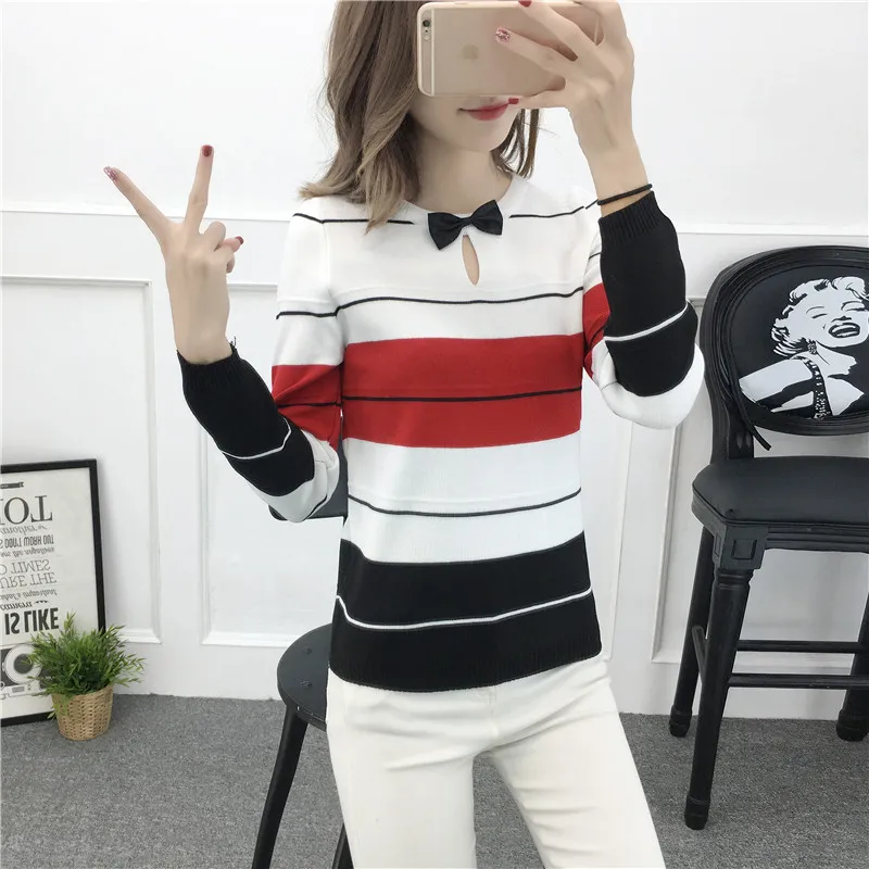 Female Winter &amp Spring Knitted Cute Bow Tie Striped Regular Short Pullover Sweater Ladies Casual All-match Wear Blouse | Женская