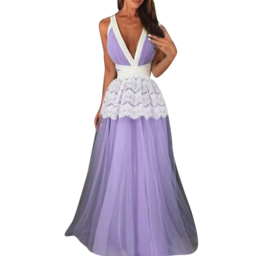 Женское кружевное платье без рукавов Feitong фиолетовое длинное с глубоким v