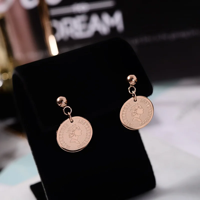 rose gold YUN RUO Новое поступление Модные Винтажные серьги-гвоздики для монет розового золотистого цвета женский подарок на день рождения ювелирные изделия из титановой стали никогда не выцветают - Окраска металла: rose gold