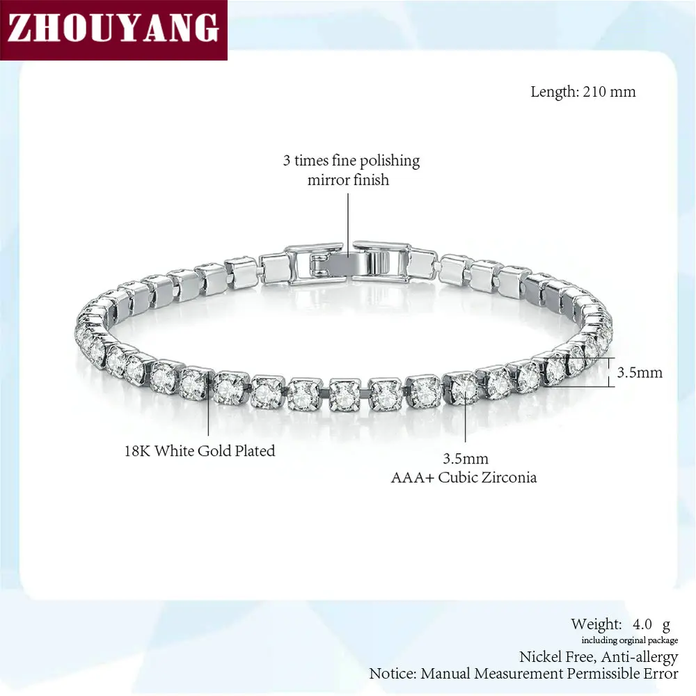 Браслет ZHOUYANG KC139 женский теннисный роскошный вечерний Ювелирный вечерние