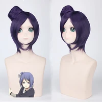 konan cosplay wigs for women anime party 30cm short purple straight synthetic hair with a bun wig cap