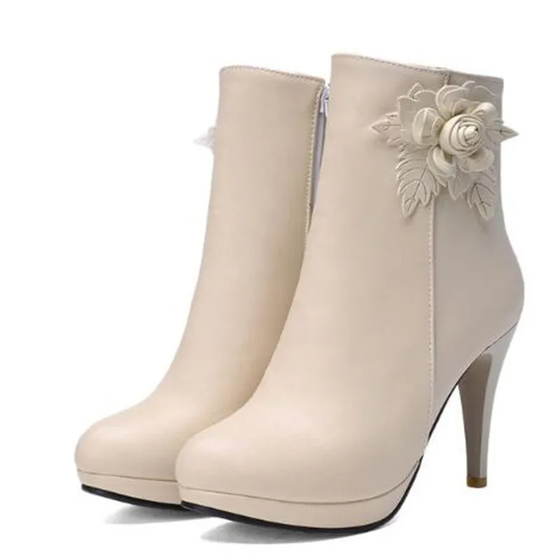 Women Boots Autumn and winter New style fashion Sweet  Flower High-heeled Short boots white Pink Apricot color Wathet size 34-43