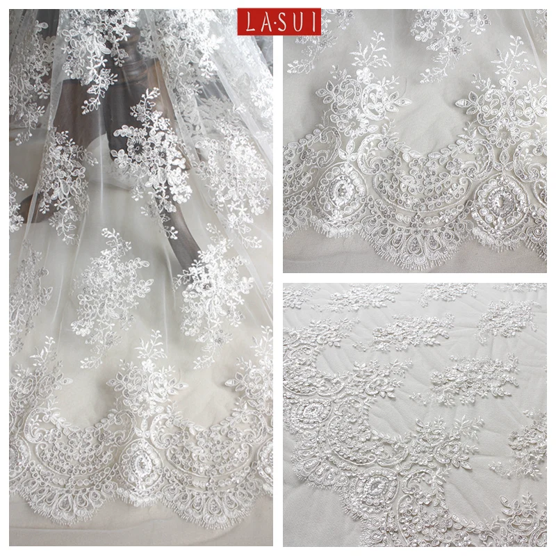 

LASUI Elegant Eyelash Corded lace sequins embroidery lace fabric hand DIY bride wedding dress vestido longo classic X0014