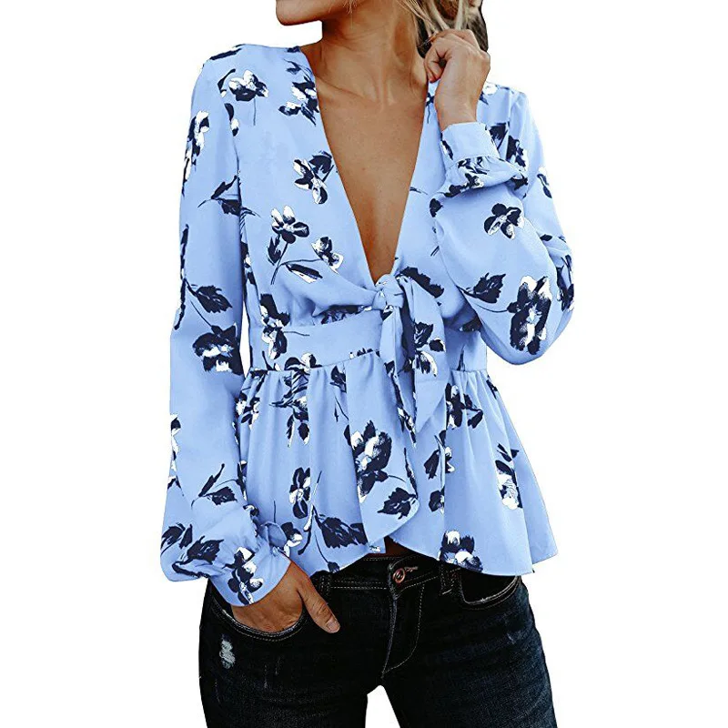 women blouse fashion sexy deep v-neck flower printed female ladies clothing womens top shirt |