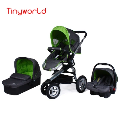Green Gray 3 in 1 Высокий пейзаж 3 в 1 детская коляска(коляска+ корзина для сна+ безопасное автокресло), складная, двунаправленная, дорожная система коляска - Цвет: Green Gray 3 in 1