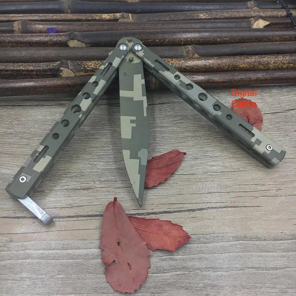 green camo Титановый Радужный нож 5Cr13Mov из нержавеющей стали, тренировочный нож-бабочка, игровой нож, тупой инструмент, без края - Цвет: green camo