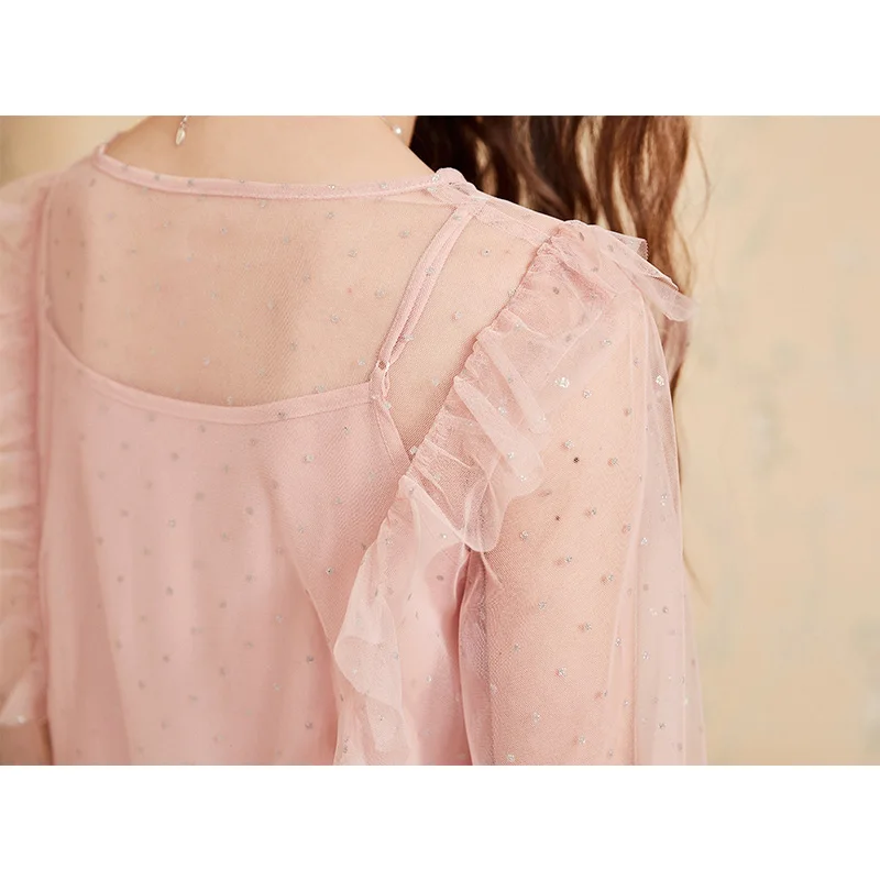 Женское платье с оборками ARTKA розовое фатиновое из двух предметов V образным