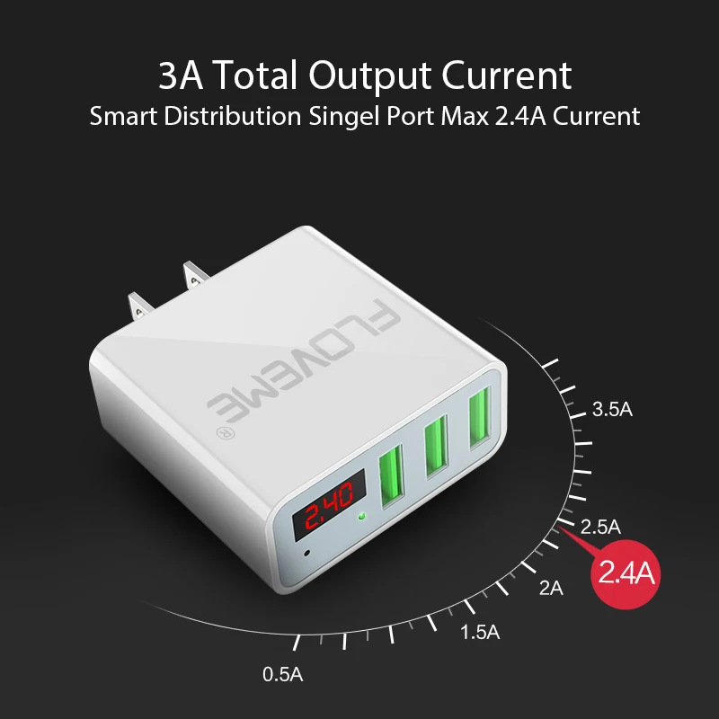 FLOVEME светодиодный дисплей 3 USB зарядное устройство Макс 2.4A ЗУ для мобильного