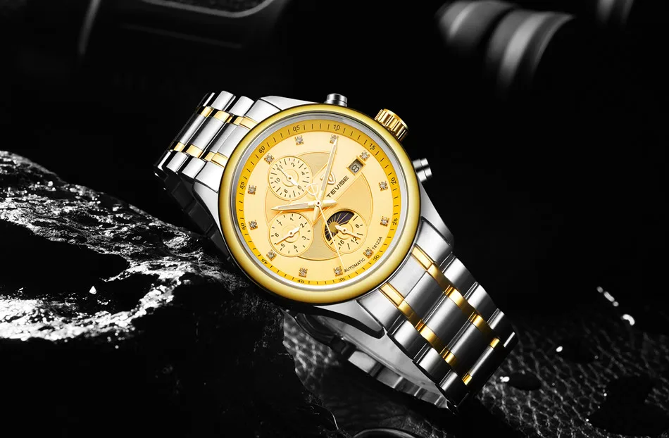 Марка TEVISE Для мужчин часы Moon Phase автоматические часы механические часы Для мужчин модные Повседневное Нержавеющая сталь наручные часы relogio