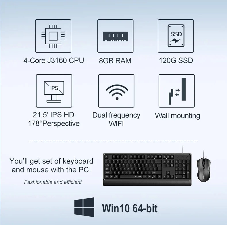 Ipason P22 21,5-дюймовый офисный настольный все-в-одном ПК/Intel 4-х ядерный J3160 8G Оперативная память/120G SSD/WiFi/Бизнес мышь и клавиатура ультра-тонкий