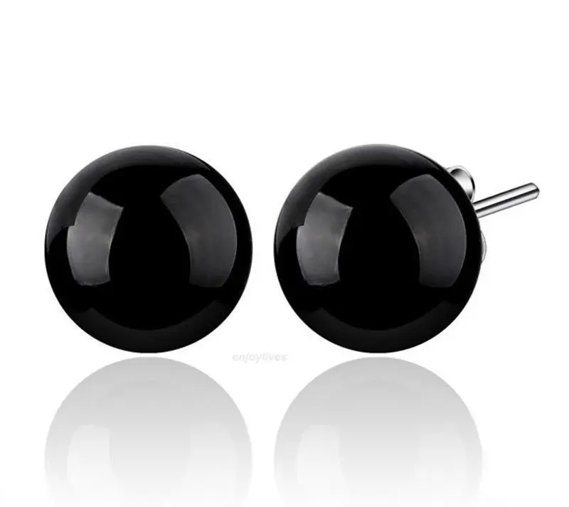 

REAL shipping10mm Black Agate Beads 925 Sterling Silver Stud Earrings