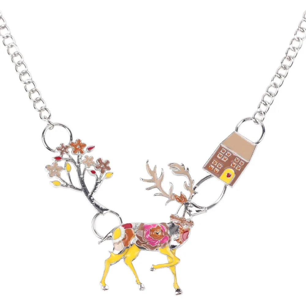 WEVENI Statement Metal Stag Deer Tree House Choker Necklace Pendants Chain Collar Fashion Jewelry For Women Christmas Gift | Украшения и