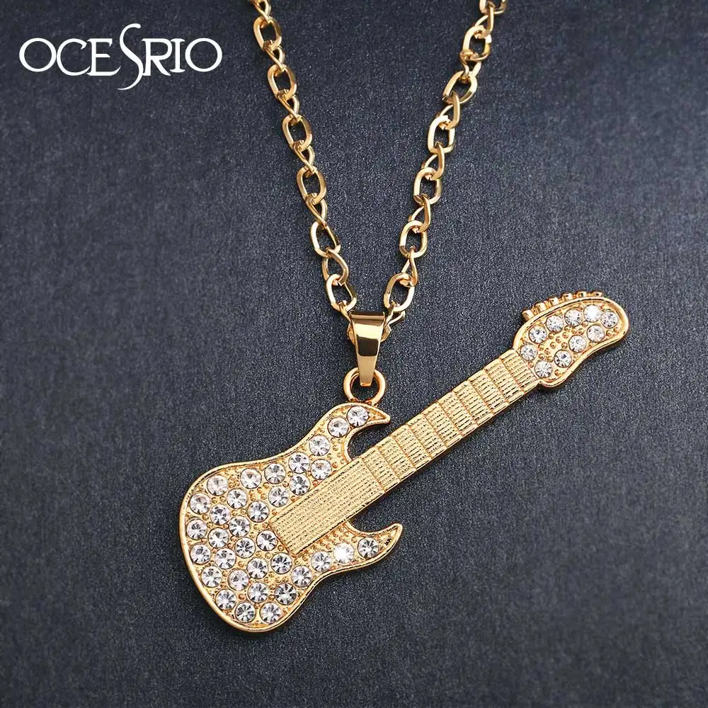 Крутое золотистое большое колье с кулоном гитара хрустальной музыкой золотая