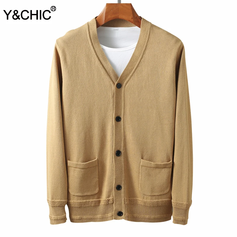 Y & CHIC мужской тонкий кардиган с v образным вырезом и длинным рукавом карманами из