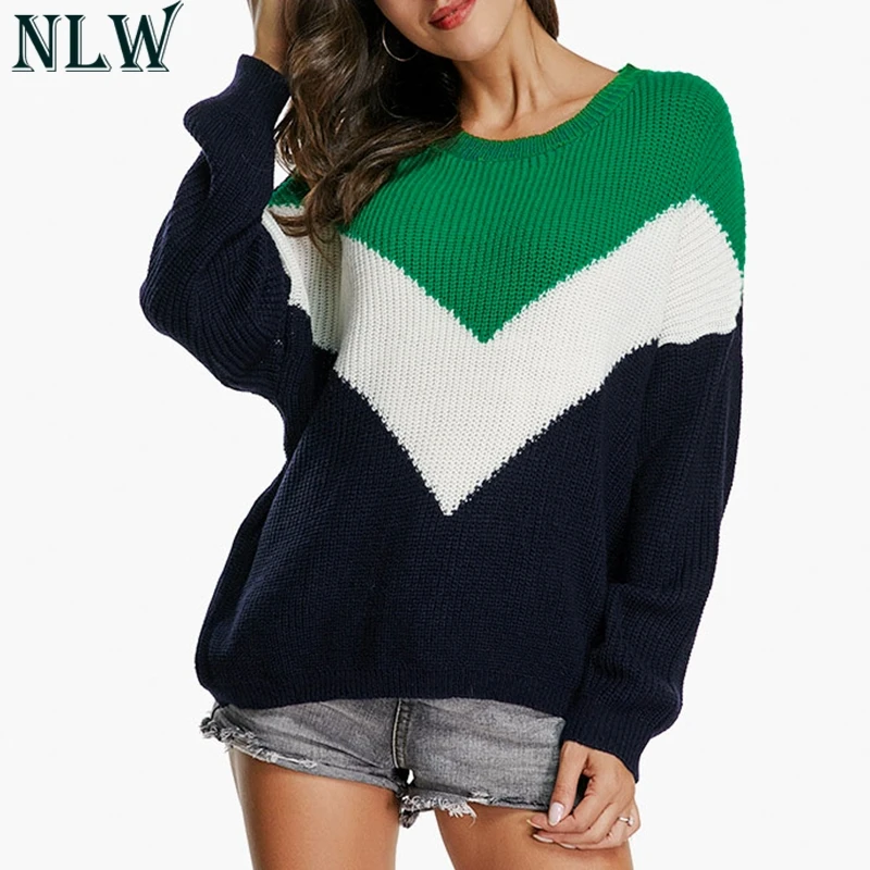 NLW Повседневный полосатый лоскутный свитер вязаный зимняя одежда для женщин 2019