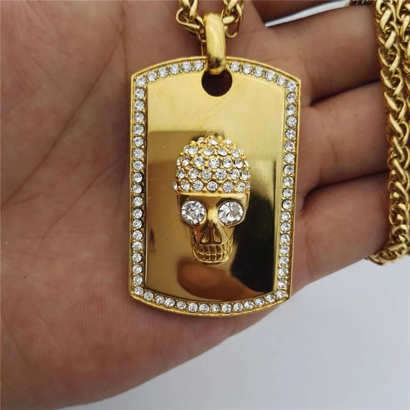 

Mens Pave Iced Out Rhinestone Stainless Steel Gold Color Skeleton Skull Tag Pendant Necklace Hip Hop Bling Male Jewelry