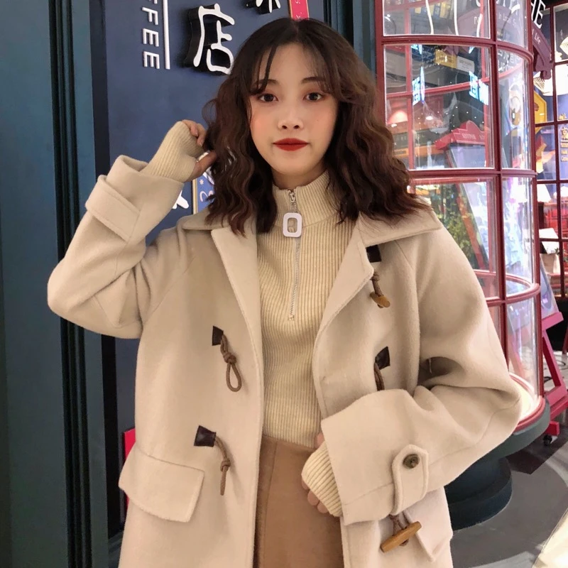 Женское шерстяное пальто manteau femme повседневное длинное с роговыми пуговицами на