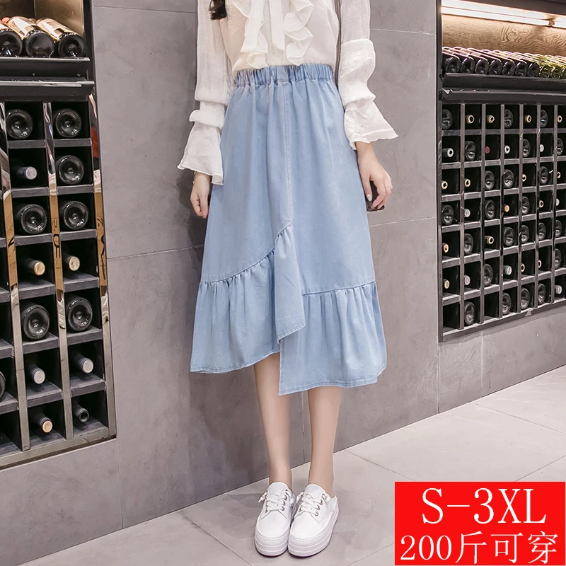 Women denim skirt jeans high waist woman skirts womens fashion calf length a-line elastic all-match blue midi | Женская одежда