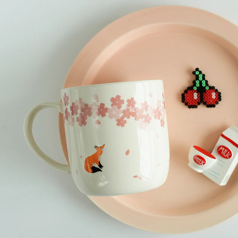 Ceramic Coffee Milk Mugs with Lid Spoon Sakura Cute Fox Deer Bear Mug Office Tea Creative For Kids Bithday Christmas Gifts | Дом и сад