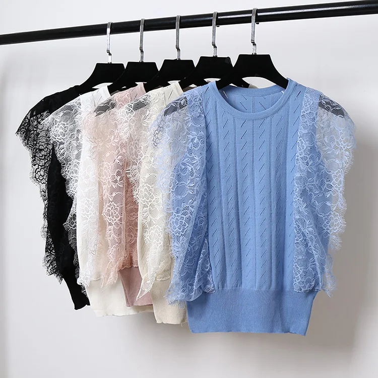 Женская трикотажная футболка с кружевным рукавом хлопковые топы на весну лето