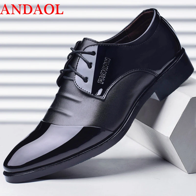 ANDAOL Men's Bright Leather Casual Shoes Top Quality Pointed Toe Business Office Luxury Lace-Up Wedding Dress Party | Обувь