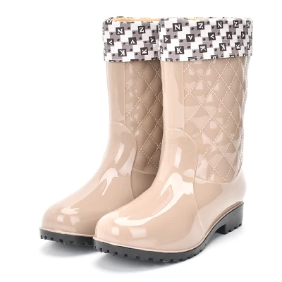 Khaki Warm 2 Rouroliu/женские Нескользящие непромокаемые сапоги из ПВХ, непромокаемая обувь, женские резиновые сапоги до середины икры, зимние теплые сапоги с вставками, RT171 - Цвет: Khaki Warm 2