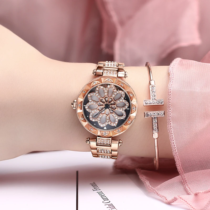 2020 розовое золото женские часы со стразами люксовый бренд вращающийся Алмазный