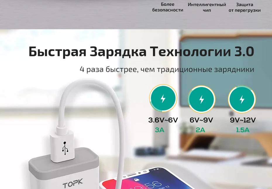 TOPK B154Q 18 Вт Быстрая зарядка 3,0 Быстрая зарядка для мобильных телефонов с европейской вилкой настенное USB зарядное устройство адаптер для iPhone samsung Xiaomi huawei