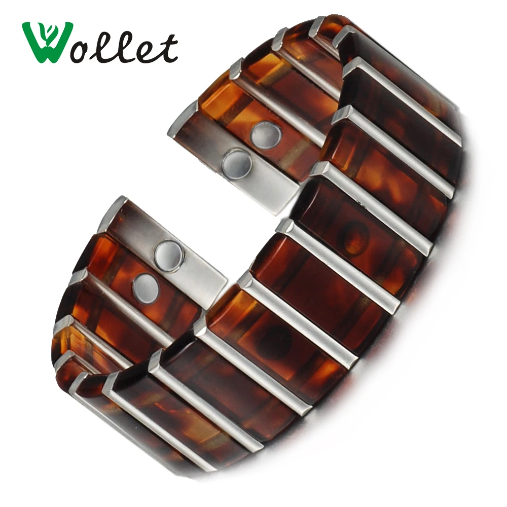 

Wollet Jewelry Stainless Steel Magnetic Bracelets Bangles for Women Men Elastic Fashion Brown Color High Quality