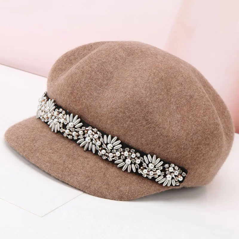 Женская шерстяная шапка Fedoras осенне зимняя восьмиугольная с дикими бриллиантами