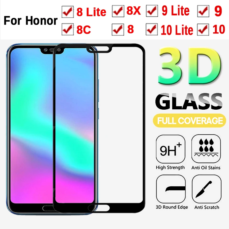3D стекло для Huawei Honor 8 9 10 Lite 8X 8C защитное закаленное защита экрана|Защитные стёкла