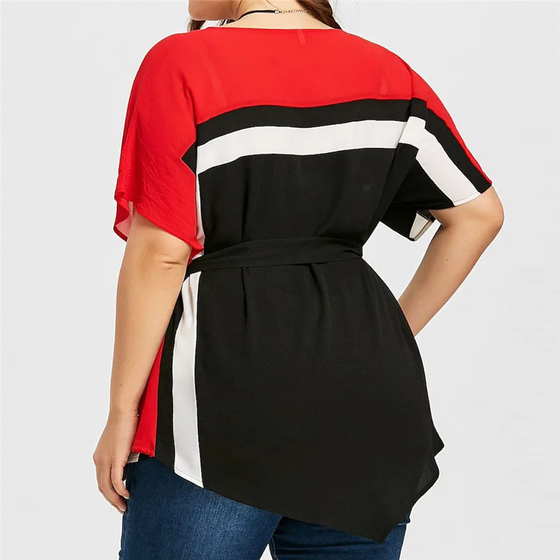 Рубашка с асимметричным блузоном O Neck Patchwork xl-5xl Plus Size Loose для женщин с летним рукавом "летучая мышь" и поясом на завязках #20