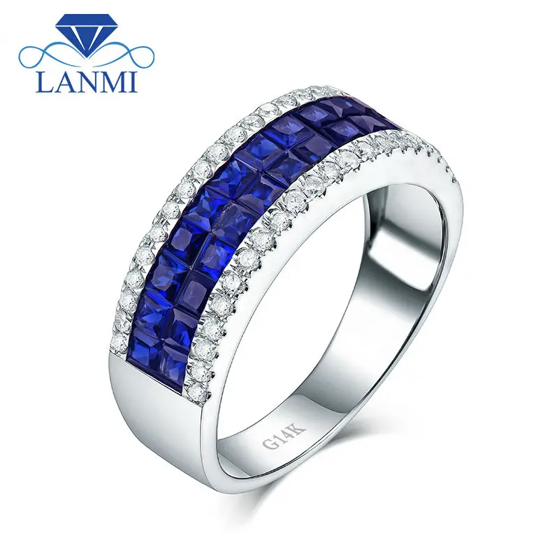 LANMI OFFCIAL Fine Jewelry Solid 14Kt из белого золота для мужчин, обручальное кольцо с натуральным синим сапфиром и бриллиантом для мужчин