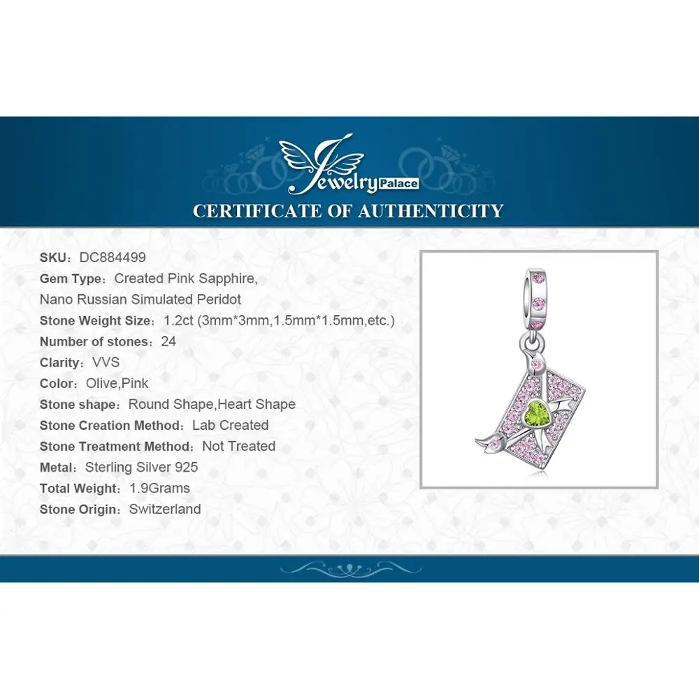 JewelryPalace создано розовый сапфир красивый конверт создана в желтый Nano Сердце 925