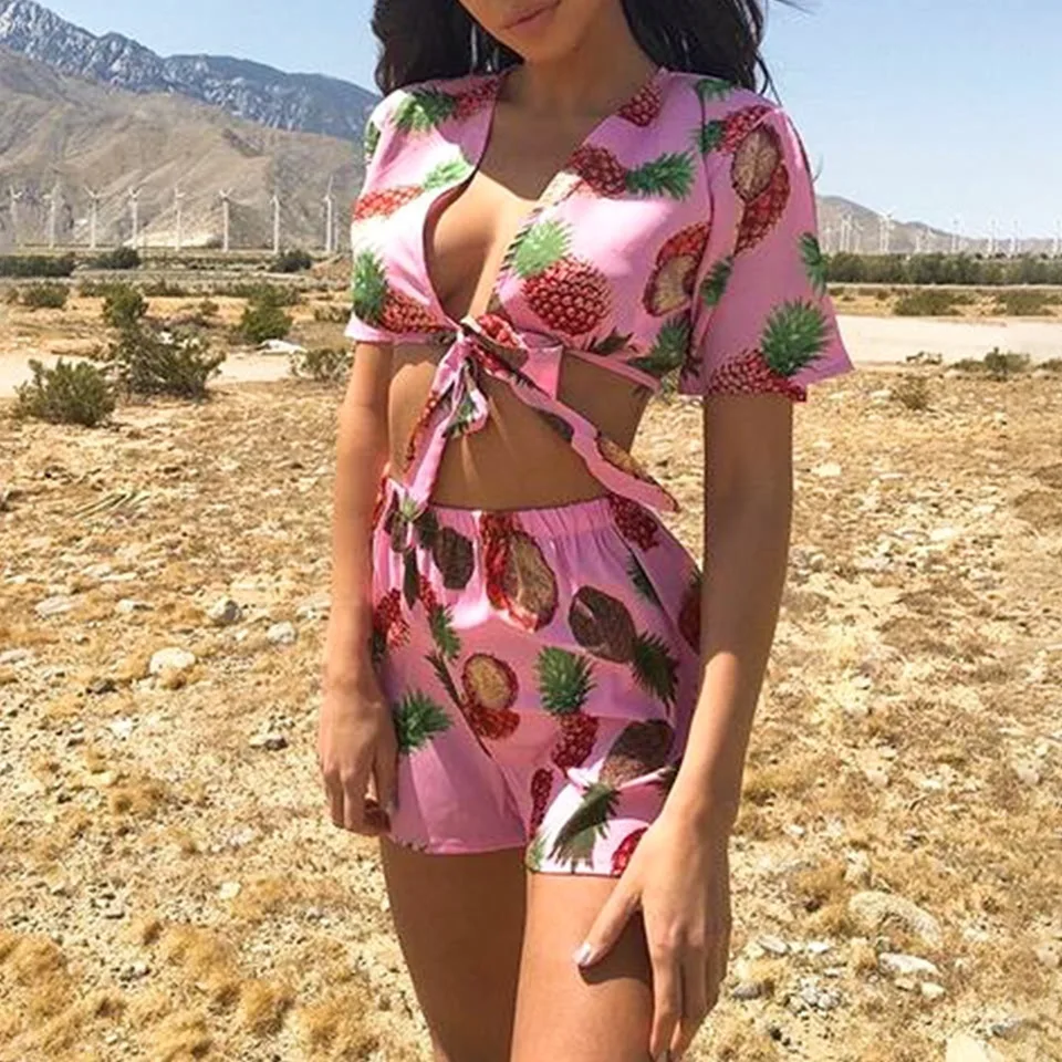 Летняя женская пижама с принтом ананаса розовый пижамный комплект коротким