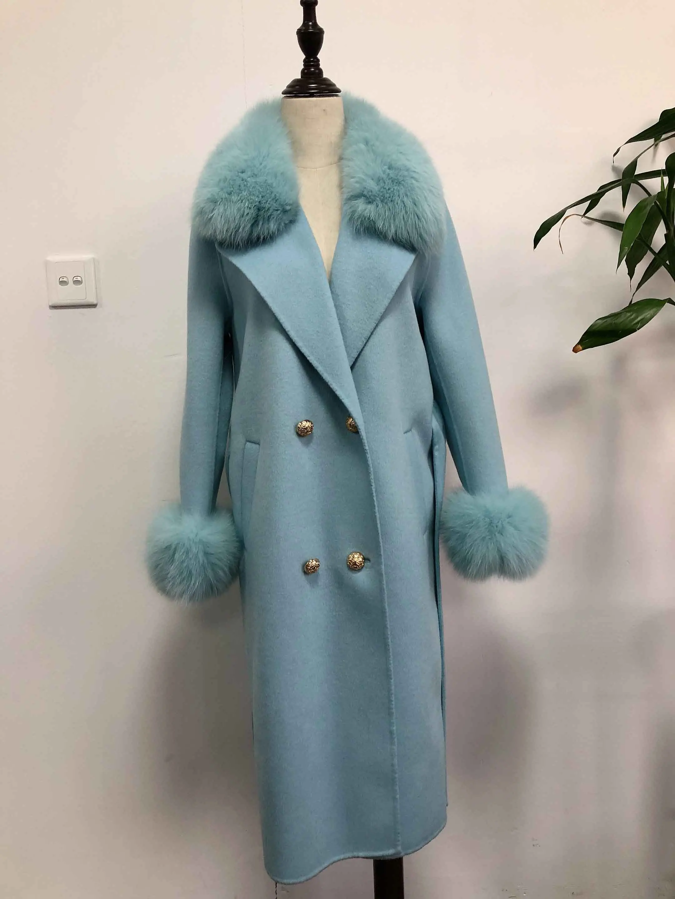 Blue Весеннее длинное шерстяное пальто с меховым воротником, шерстяное пальто и куртка, одноцветные женские пальто - Цвет: Blue