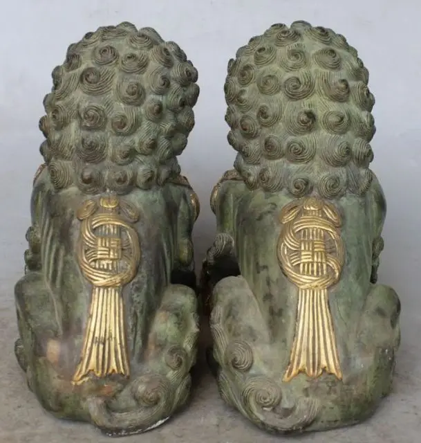 

8" Chinese Folk Bronze Gilt Copper Guardian Phylactery Door Lion Pair Statue
